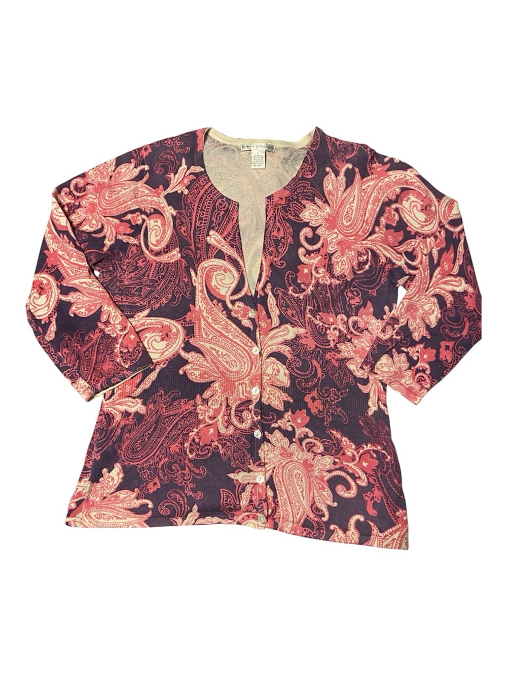 Paisley Print Women's Button-Front Cardigan- Pink & Navy